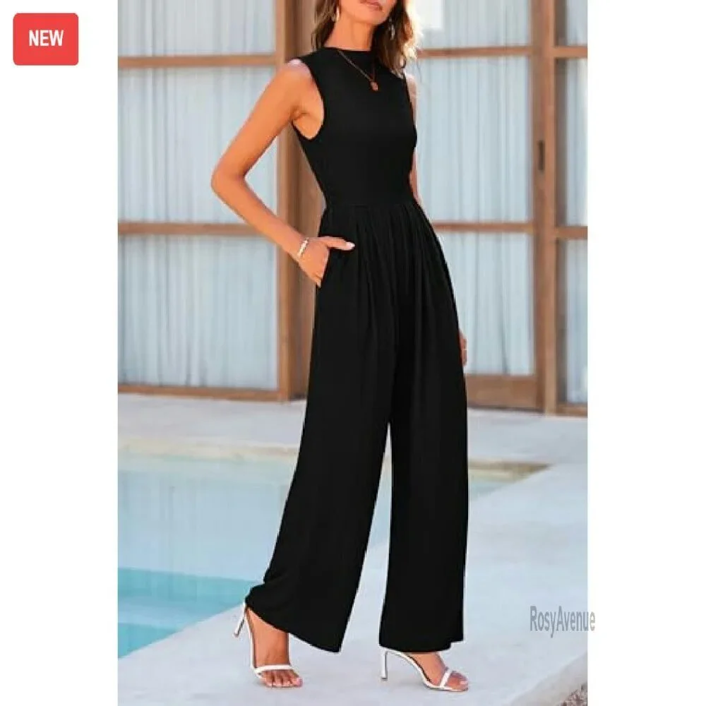 Sleeveless Mock Neck Wide Leg Jumpsuit with Pockets - Ribbed Knit